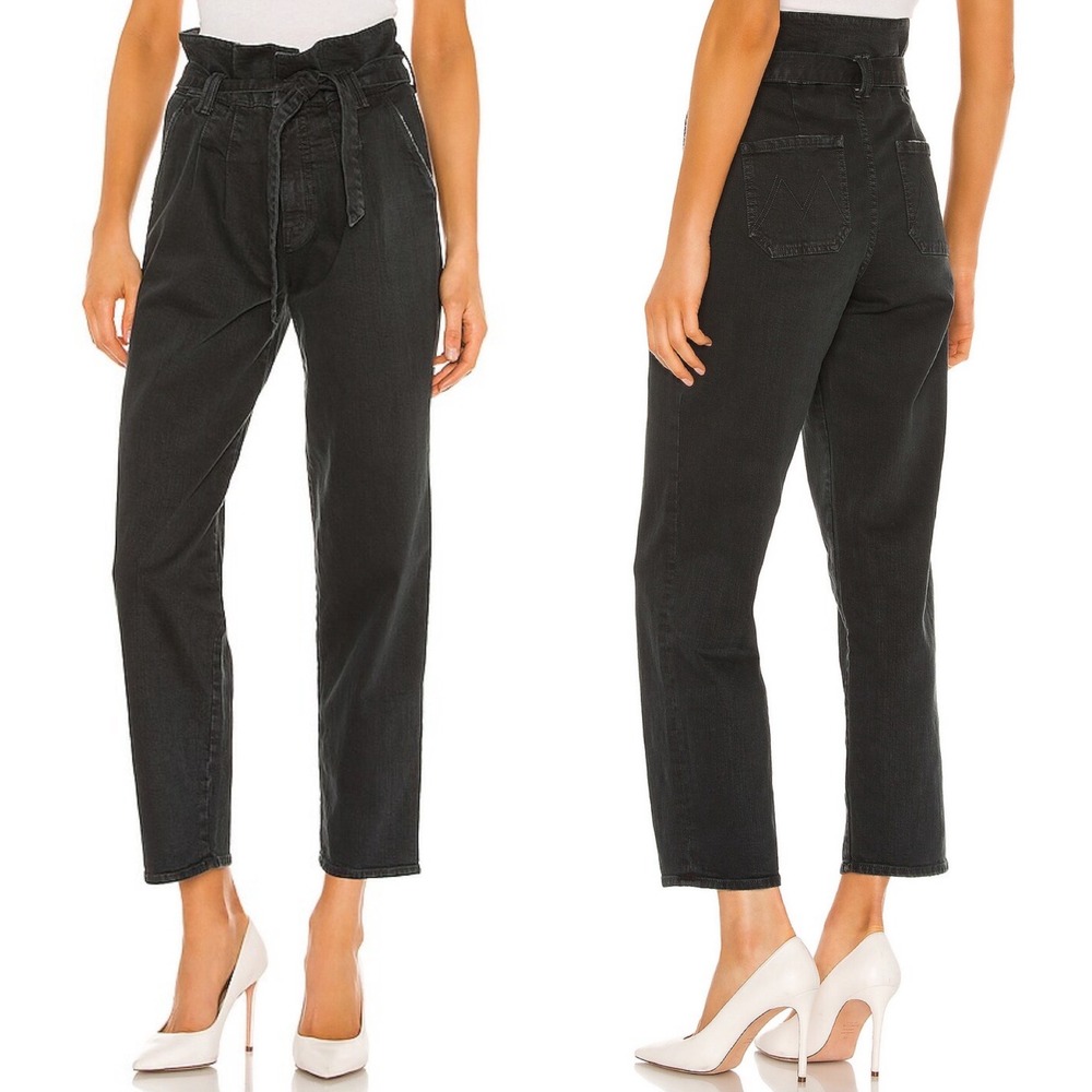 Mother Superior Jeans The Greaser Paperboy Pleat Black Denim Womens Size 25 Belt